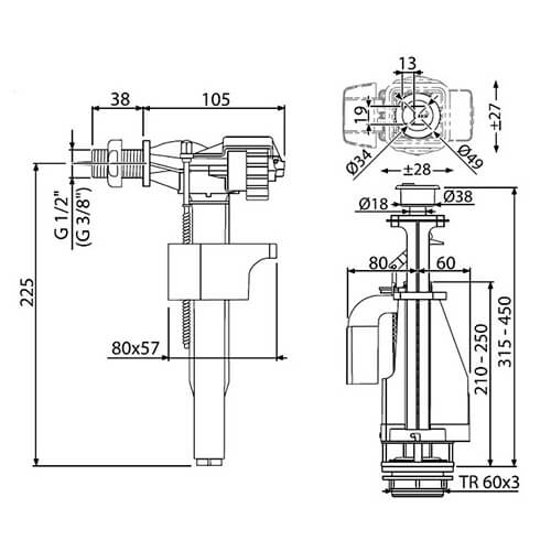Арматура для унитаза 1/2 двойной смыв металл Alcaplast SA08K Арматура для унитаза 1/2 двойной смыв металл Alcaplast SA08K