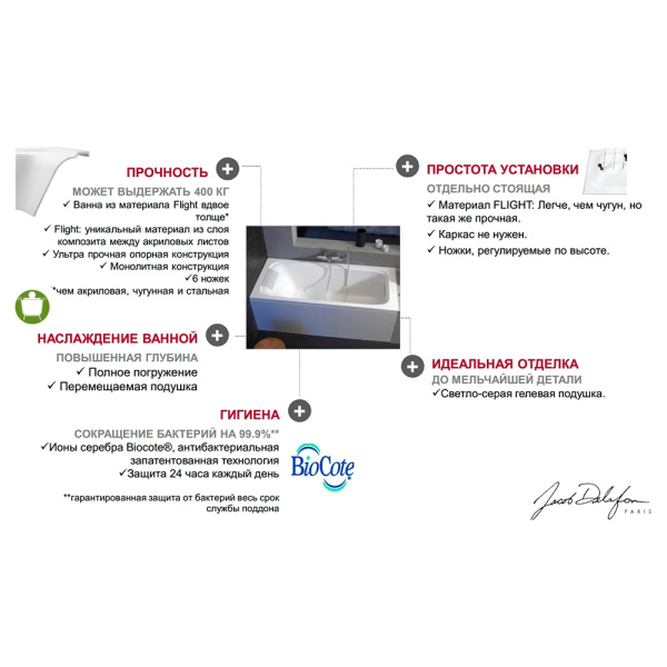 Ванна из искусственного камня Jacob Delafon Elite Flight 180x85 белая с ножками