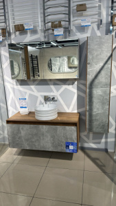 Комплект Корпус тумбы 1200 Дуб + Фасад тумбы Бетон + Фасад зеркального шкафа 120 + Корпус зеркального шкафа Бетон + Корпус пенала 150 Дуб + Фасад Mobi AQWELLA